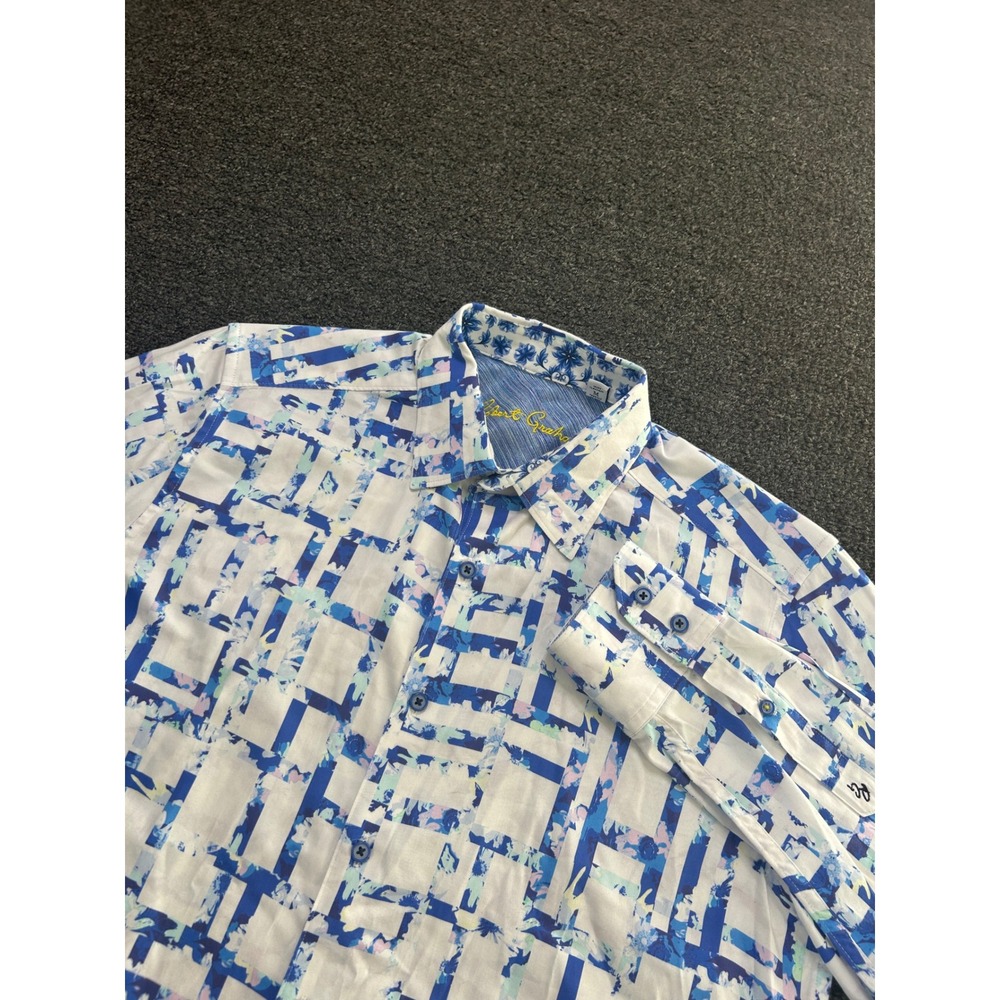Robert Graham Triton Geometric Button Down Shirt Blue White Mens Medium Floral